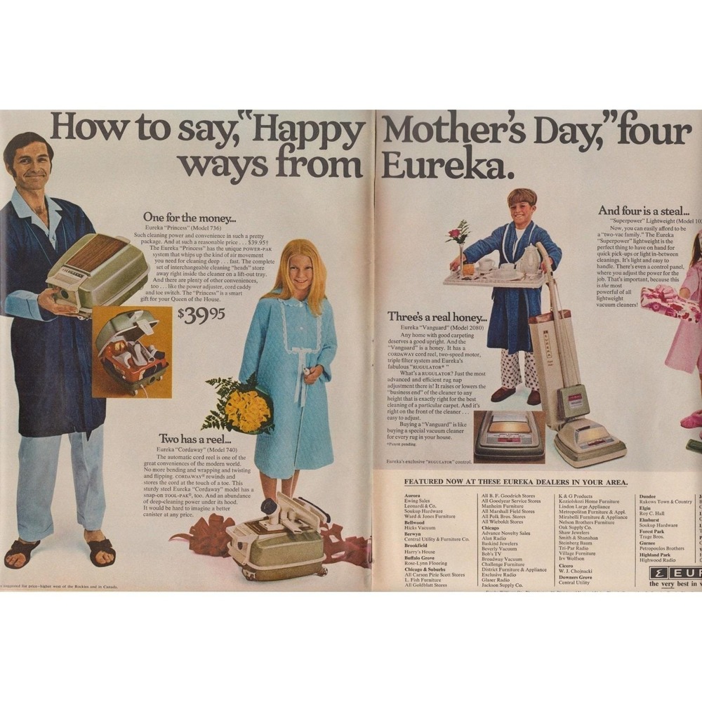 Eureka Vacuum Cleaners Mothers Day Gift Two Page Vintage Magazine Print Ad 1970